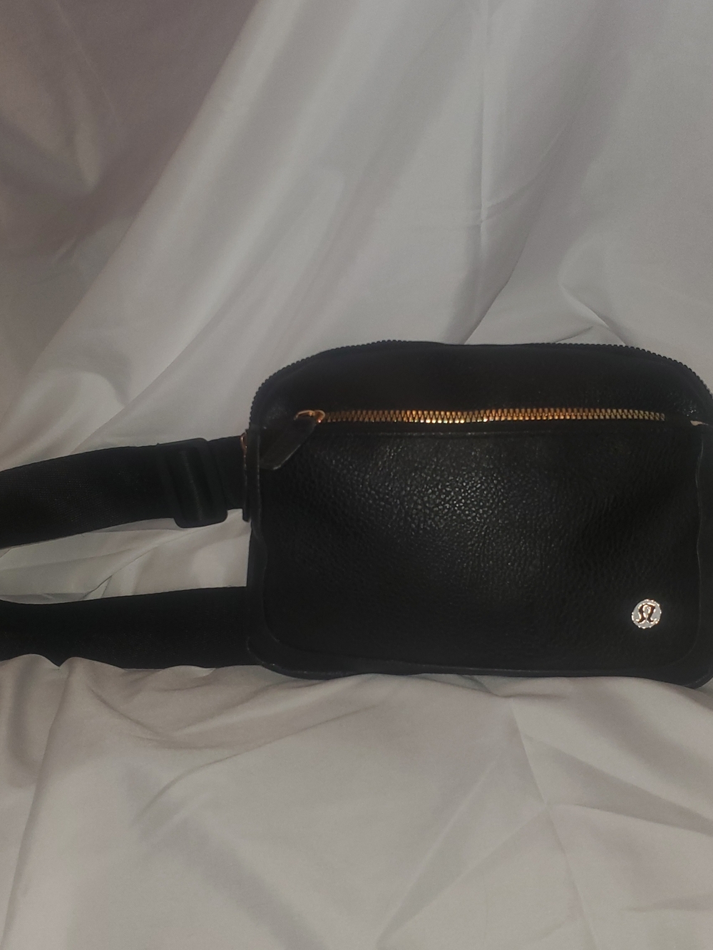 lululemon athletica Black Faux Leather Belt Bag with Gold Zipper